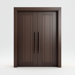 Elegant dark oak double doors with vertical grain pattern and minimalist design on clean white background