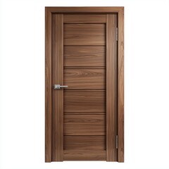Elegant walnut wood interior door with horizontal grain and chrome lever handle on white background
