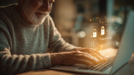 Smiling elderly man using laptop confidently at home, feeling safe with secure passwords and data protection, concept of internet safety, cybersecurity, and online finance security.