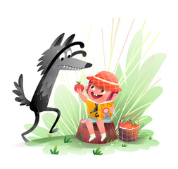 Fairytale illustration of Little Red Riding Hood reading a book in the forest with scary big wolf. Fun storytelling scene for children story. Hand drawn vector cartoon illustration for kids tales.