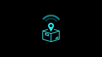 Teal outline icon of a shipping box with a location pin and wifi signal on a black background package