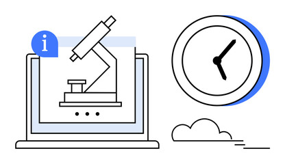 Microscope displayed on laptop screen with info icon, clock indicating time, and a cloud symbolizing progress. Ideal for research, education, science, focus, time management, innovation simple flat
