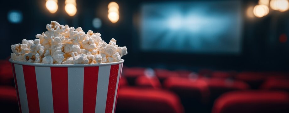 The Popcorn Bucket in a Dark Cinema with Blurred Screen and Red Seats