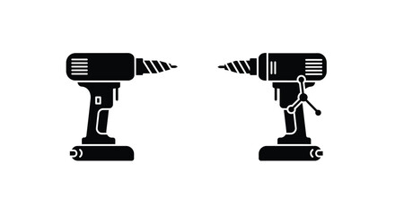 Two black silhouettes of electric drills presented on a white background