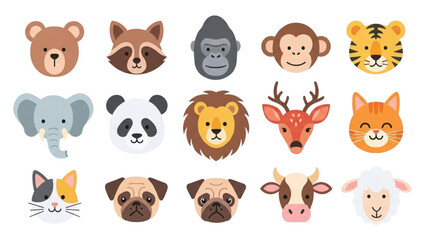 Cute Pastel Animal Face Icon Set | Flat Design Vector Collection of Adorable Cartoon Animals