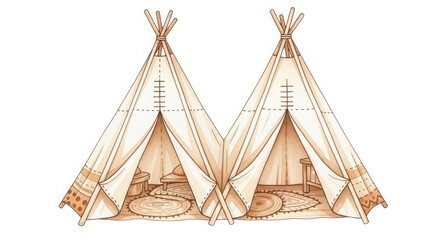Two decorative teepees with a rustic tribal pattern isolated on white background