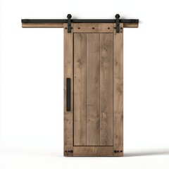 Minimalist sliding barn door with natural wood finish and black metal rail system on white background