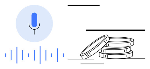 Microphone with soundwave and stacked coins represents voice tech influencing transactions, audio commerce, fintech, innovation, AI-driven solutions. Ideal for finance, tech, internet, economy audio