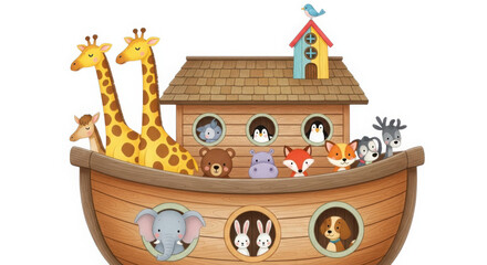 Noah s ark filled with various cute cartoon animals on a white background isolated on white background
