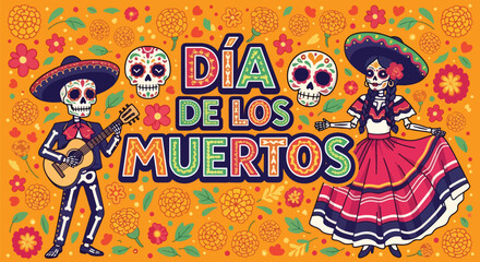 Obraz premium Vector illustration of Día de los Muertos celebration with festive skeletons in traditional Mexican outfits, guitar, flowers, and decorative typography on a bright background