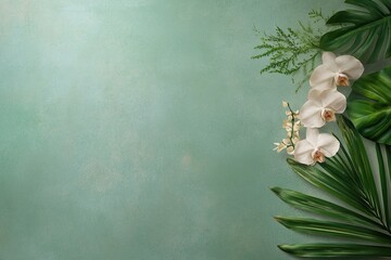 Decorative arrangement of green leaves and white orchids on a soft background