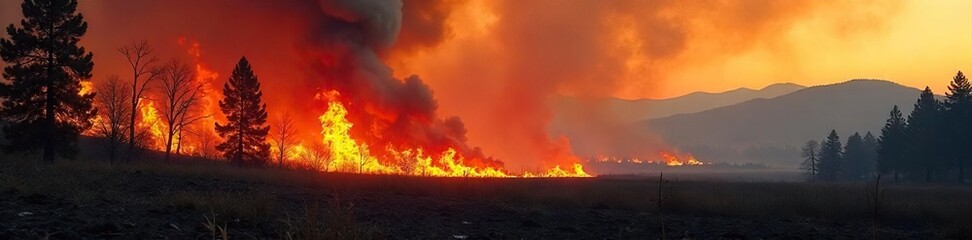 Wildfire Devastation Fierce Flames Engulf Dry Forest, Creating a Dramatic Landscape of Scorched Earth and Billowing Smoke.  Natures Raw Power Unleashed.