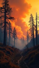 Imminent Wildfire Threat Dry Branches and Smoke-Filled Sky Over Parched Forest