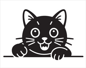 Adorable black cat face cartoon illustration with happy expression, playful feline character peeking design in vector silhouette style, perfect for logo, sticker, or children’s artwork use