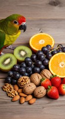 A colorful conure parrot with an assortment of fresh fruit and nuts. Healthy natural diet and avian nutrition concept on a rustic wooden table