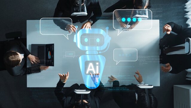 A diverse team engages in a discussion about AI technology and chatbot interaction at a modern office table, showcasing collaboration and innovative ideas in a digital workspace. Raster