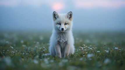A white fox sitting in a field of grass and small white flowers under a hazy sky at dusk or dawn