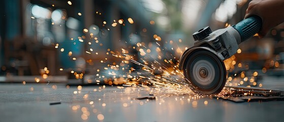 Grinding metal in a workshop creates bright sparks during a busy afternoon of metalworking and craftsmanship