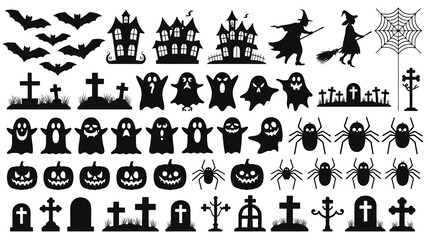 Spooky silhouette Halloween icons featuring witches, ghosts, pumpkins, and haunted houses for festive fall designs and invitations with creepy cemetery elements