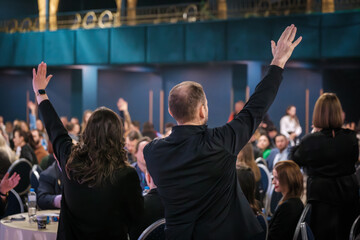 Professionals at conference raise hands in enthusiasm during presentation showing engagement and energy among attendees around round tables in bustling event venue