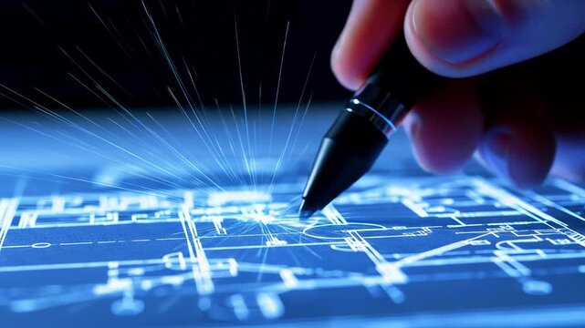 A hand holds a pen, tracing a glowing blueprint with bright blue light streaks