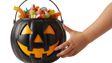 Child's hand reaching for Halloween candies in a pumpkin bucket, festive season fun and sweet treats for kids, spooky celebration mood and tradition