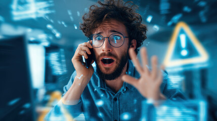 Panicked young man yelling on phone with scammers stealing his money and personal data, concept of online fraud, cybercrime, and financial literacy awareness