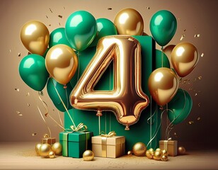 Celebrate Four Years: Golden Balloon Number with Festive Gifts and Emerald Green Accents for a Special Occasion