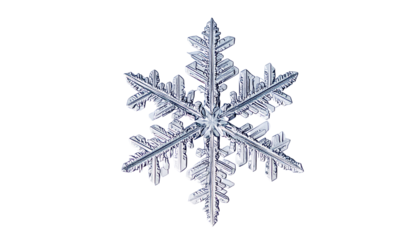 A single symmetrical snowflake isolated on transparent background.