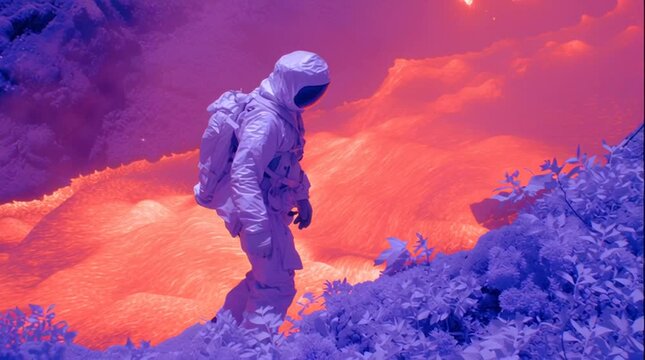 Thermal camera view of a scientist in a heat-resistant suit standing near a flowing river of molten lava, white-hot heat contrasted by the suit&rsquo;s cool blue-purple signature, highlighting extreme scien