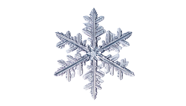 A single symmetrical snowflake isolated on transparent background.