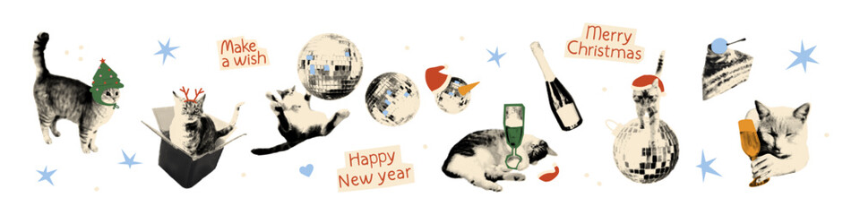 Christmas and New year halftone collage paper cut outs set. Funny stickers, cats with Santa hats, champagne, disco ball. Modern retro vector illustration isolated on transparent background