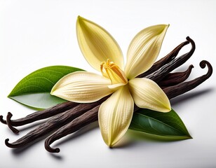 Vanilla Flower and Pods Still Life: A close-up of the fragrant spice, showcasing its beauty and culinary significance.