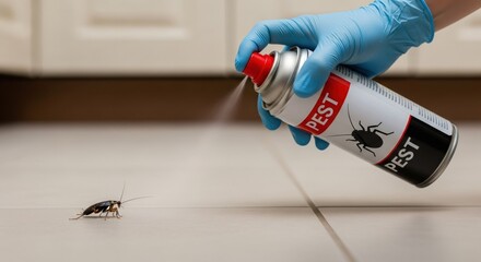 Exterminator's hand in a protective glove spraying a cockroach on the floor. Pest control and insect infestation management