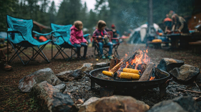 Campfire burning with corn in a forest, with chairs and blurred people in the background
