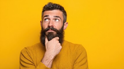 Obraz premium horizontal shot of bearded man keeps hands under chin looks thoughtfully somewhere considers better ways ponders between variants tries to make decision isolated on yellow wall blank space no logos n