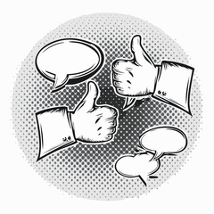 Retro comic thumbs up thumbs down speech bubbles pop art style vector illustration