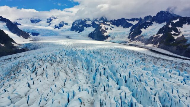 Aerial view of a vast, textured glacier with snow-capped mountains blue ice formations