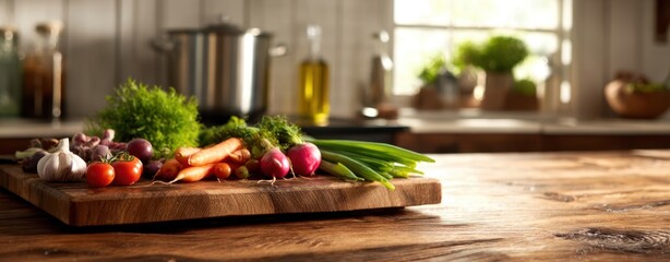 The Vegetable Cutting Board on a Sunlit Rustic Wooden Countertop for Meal Preparation