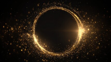 gold glitter circle of light shine sparkles and golden spark particles in circle frame on black background christmas magic stars glow firework confetti of glittery ring shimmer