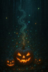 Dark, moody Halloween artwork showing a forest clearing with pumpkins, broom, and an empty wooden sign surrounded by swirling leaves