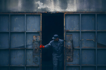 Worker in uniform closing heavy metal warehouse gates in dark industrial area, moody factory zone atmosphere, concept of labor and industry