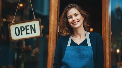 portrait of positive business woman standing at cafeteria door entrance cheerful young waitress in blue apron near glass door with open signboard and looking at camera excited small business owner no