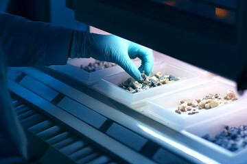 The frame shows the hand of a scientist studying images of rocks and minerals in laboratory conditions, geological research and process analysis.
