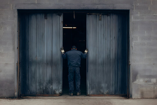 Worker in uniform closing heavy metal warehouse gates in dark industrial area, moody factory zone atmosphere, concept of labor and industry