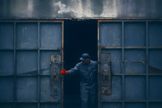 Worker in uniform closing heavy metal warehouse gates in dark industrial area, moody factory zone atmosphere, concept of labor and industry - Powered by Adobe