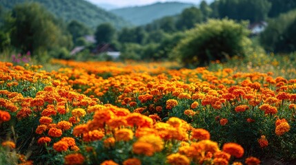 colorful bright flowers marigold against the background of the summer landscape no logos no brands ar 169
