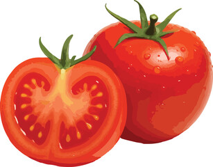 Red tomato half sliced with whole tomato and green stems