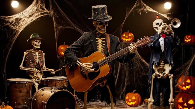 Skeleton Band Playing Music Among Pumpkins and Cobwebs
