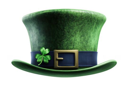 Green leprechaun hat with shamrock isolated on a transparent background